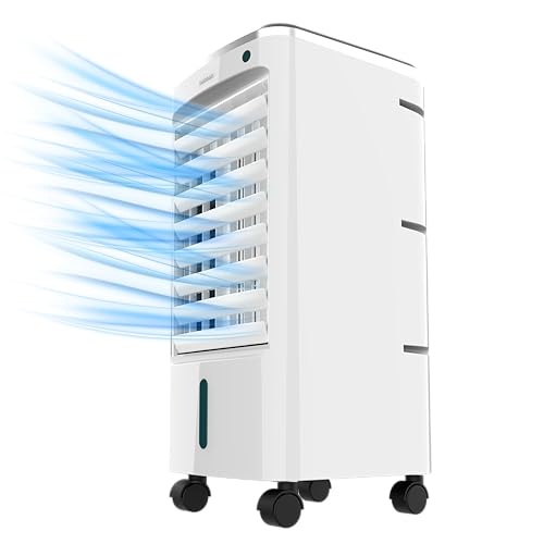 Cecotec EnergySilence 3500 Cool Compact Evaporative Cooler in white with multidirectional wheels