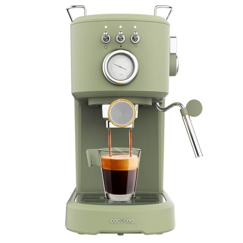 Cecotec Compact Power Espresso Machine in Retro Green with milk frother and stainless steel heated bowl
