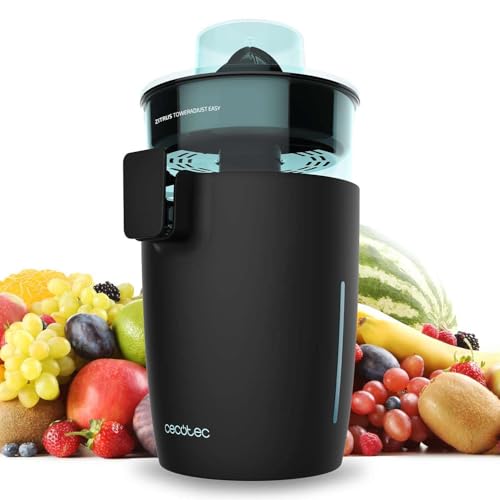Cecotec Electric Juicer Tower in black with stainless steel features and removable cones