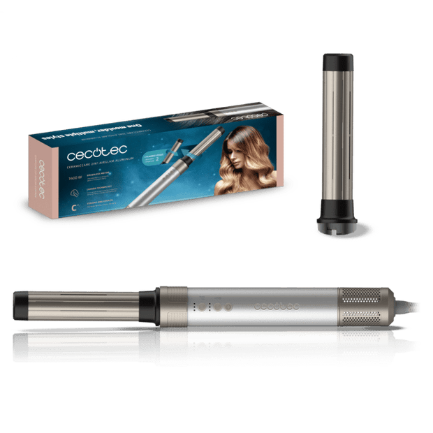 Cecotec CeramicCare 2-in-1 AirGlam Styler with sleek aluminum design and attachments
