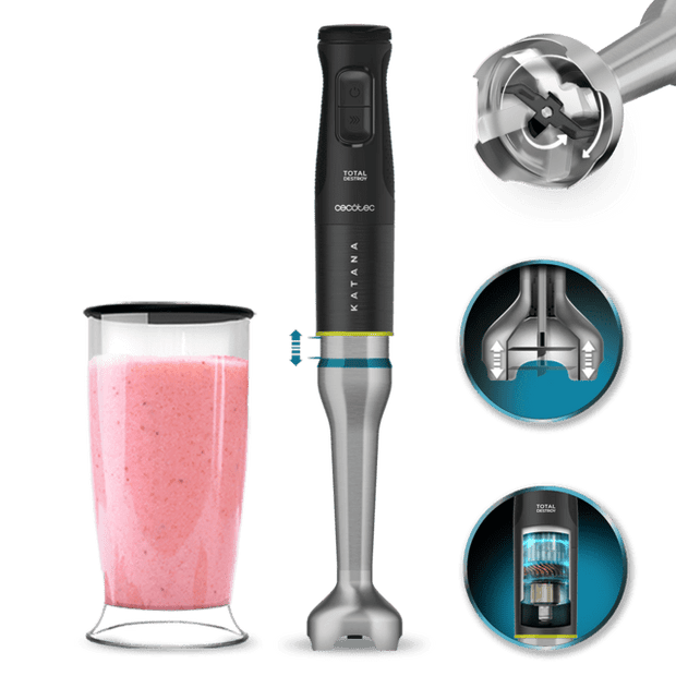 Cecotec Katana 15 TotalDestroy Hand Blender with black titanium blades and splash guard